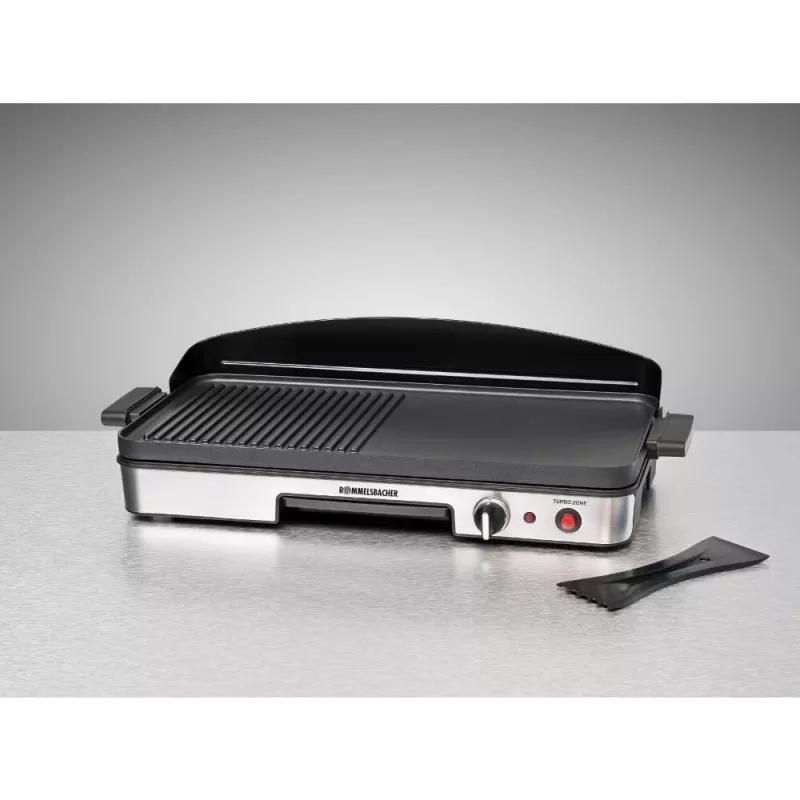 Grelhador de mesa elétrico Rommelsbacher BBQ 2003 — 1900 W, 50×25 cm, canelado + teppanyaki, termostato contínuo, prateado/preto