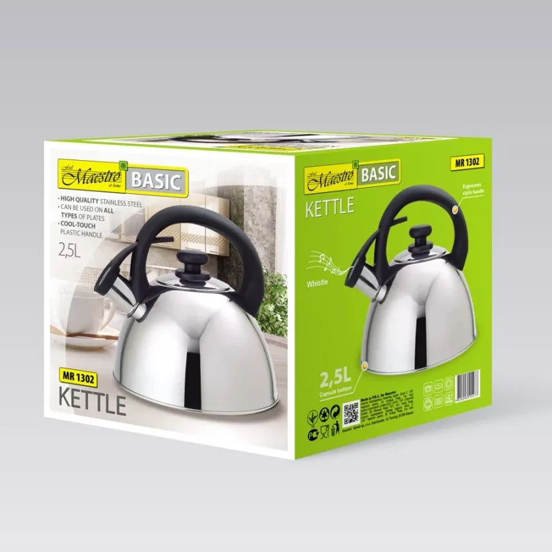 Chaleira Maestro MR1302 aço inoxidável 2,5 L, adequada para indução, apito com tampa articulada, pega preta