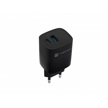 Carregador com fio NATEC para dispositivos móveis NUC-2141, 30W, USB-C PD 3.0 + USB-A QC 3.0, 110–240V, preto