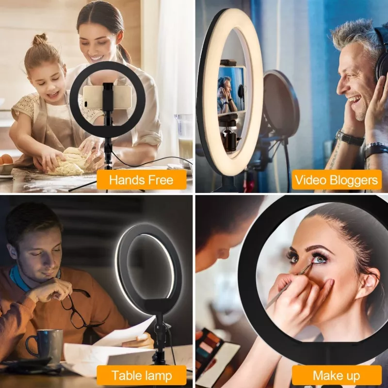 Maclean MCE610 10 12W anel de luz LED com tripé e disparador Bluetooth, 3 cores, 10 níveis de brilho, brilho ajustável de 10% a 100%, 160 LED, suporte para smartphone, luz de iluminação
