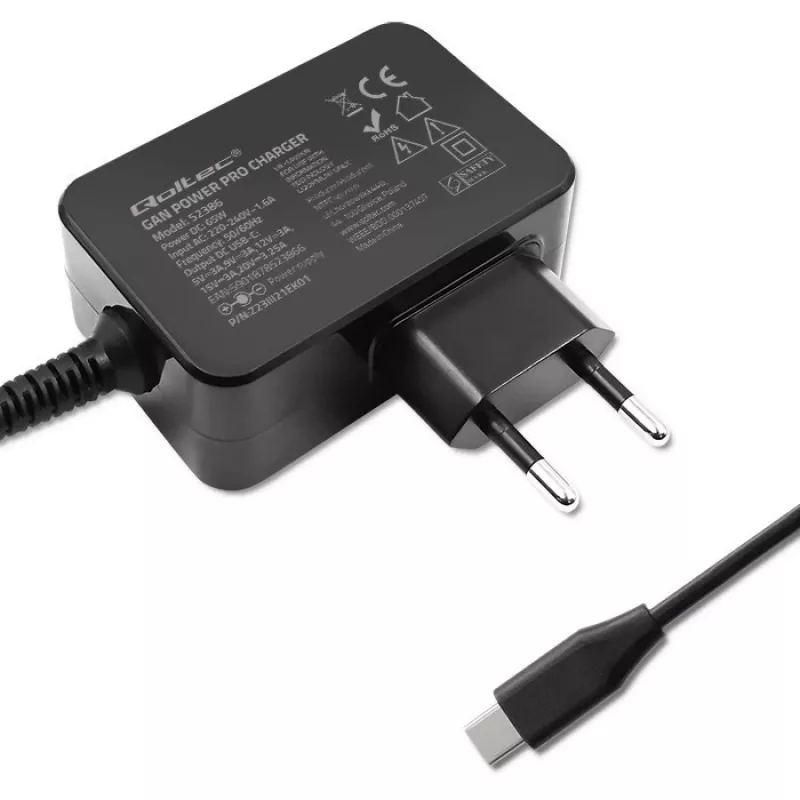 Carregador Qoltec 52386 GaN POWER PRO | 1xUSB-C | 65W | 5-20V | 3-3,25A | preto