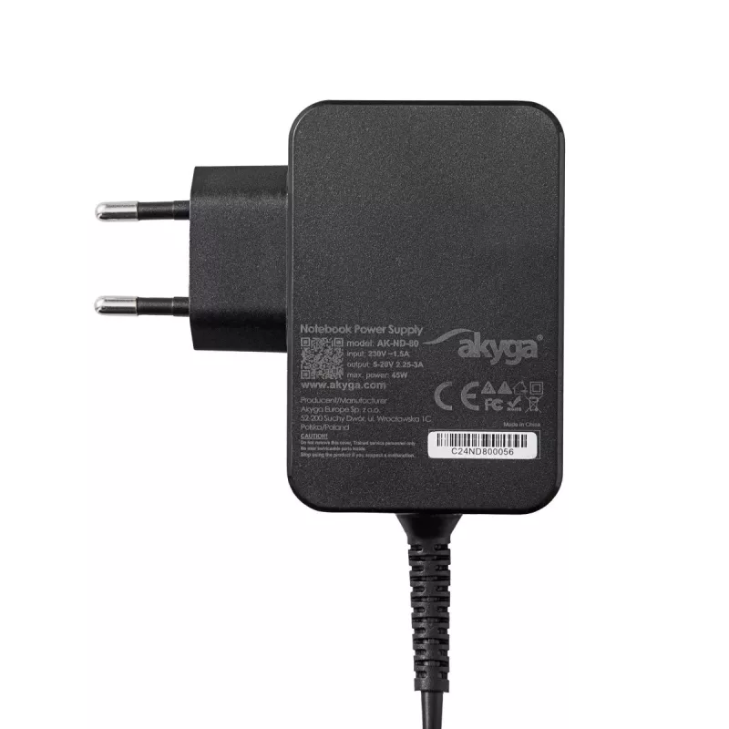 Fonte de alimentação para portátil Akyga AK-ND-81 USB-C GaN 65 W, PD 3.0, 5–20 V, cabo de 1,8 m, preto