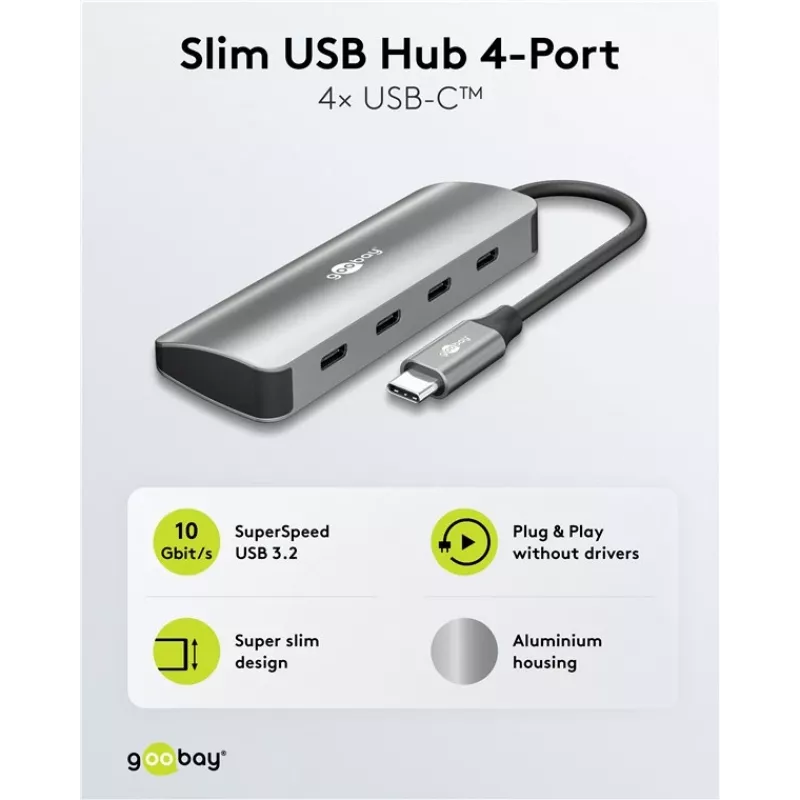 Goobay hub USB slim de 4 portas USB-C macho 10 Gbit/s - -ficha> 4x (76565)