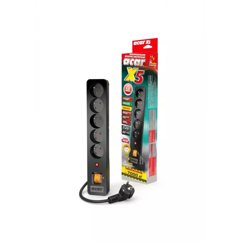 Régua de tomadas Acar X5/1,5 5 tomadas com proteção contra sobretensões 1,5 m Acar X5-Black