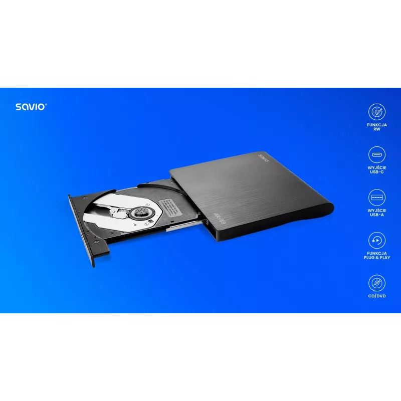 SAVIO AK-59 Gravador externo fino de CD/DVD R/RW - USB-C/USB-A, preto