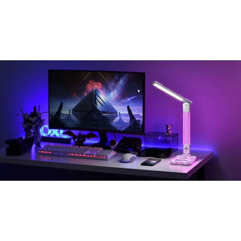 Candeeiro de mesa Hawk HW-LAMP04 branco LED ajustável, superfície branca, cabeça e braço ajustáveis