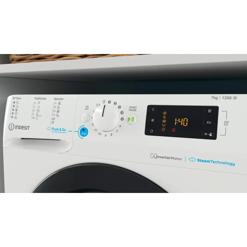 INDESIT | Máquina de lavar roupa | BWSE 71295X WBV EU | Classe de eficiência energética B | Carga frontal | Capacidade de lavagem 7 kg | 1200 rpm | Profundidade 43,5 cm | Largura 59,5 cm | Visor | Mostrador grande