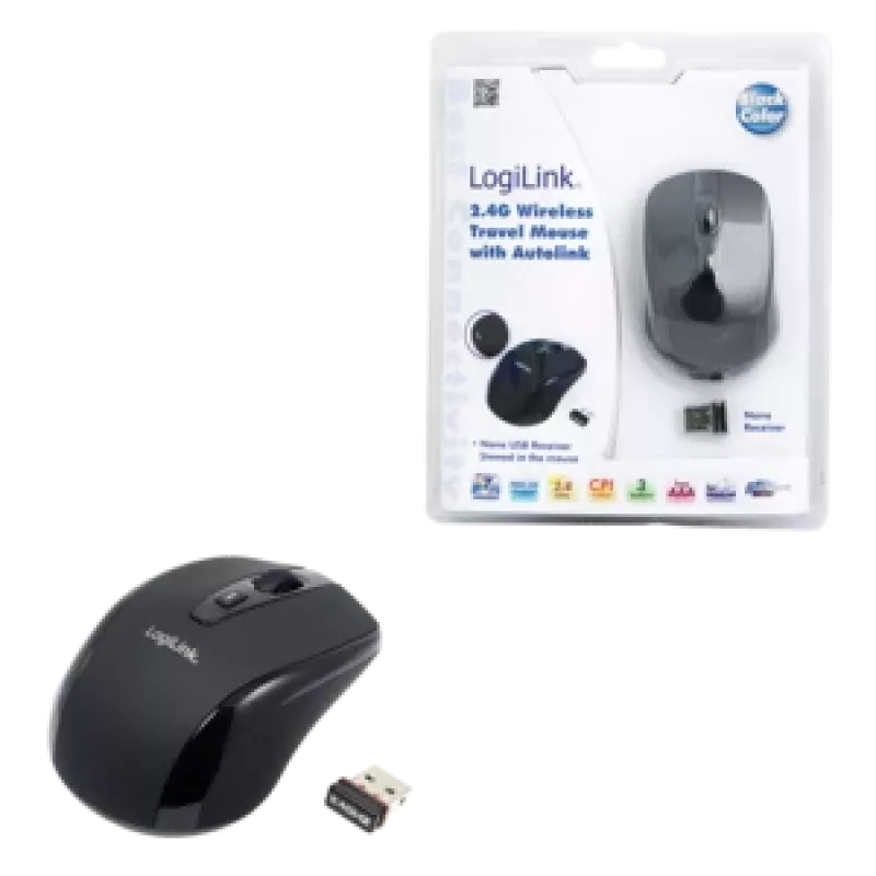Rato LogiLink ótico sem fios 2,4 GHz mini - rato - ótico - 3 botões - sem fios - 2,4 GHz - recetor sem fios (USB) - preto (ID0031)