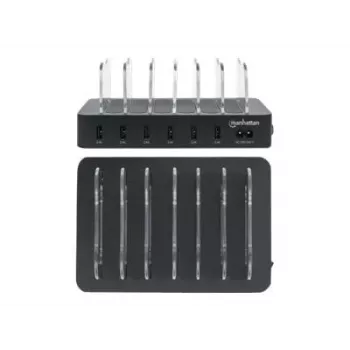 Estação de carregamento Manhattan, 6x portas USB-A, saídas: 6x 2,4 A, Smart IC, luzes indicadoras LED, preto, três anos de garantia