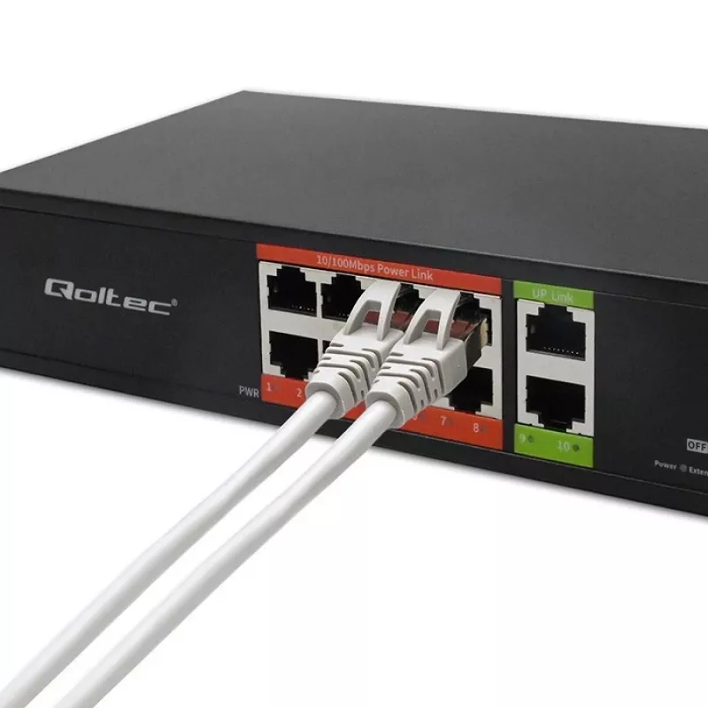 Switch de rede QOLTEC Fast Ethernet PoE 8xRJ45 com 2xRJ45 uplink