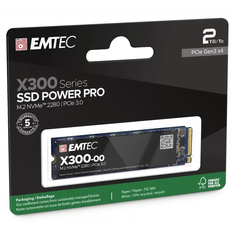 SSD interna M.2 2280 NVMe EMTEC X300 Power Pro 2 TB PCIe Gen3 x4 — 2500/2000 MB/s