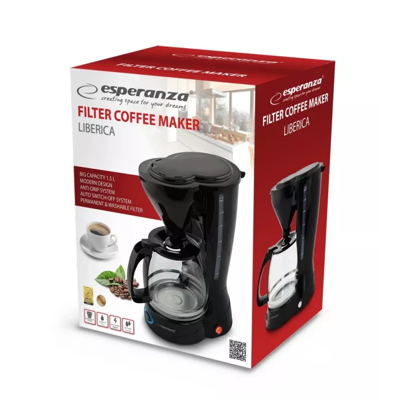 Máquina de café de filtro ESPERANZA EKC009, depósito de água de 1,5 l, 800 W, bancada, preto
