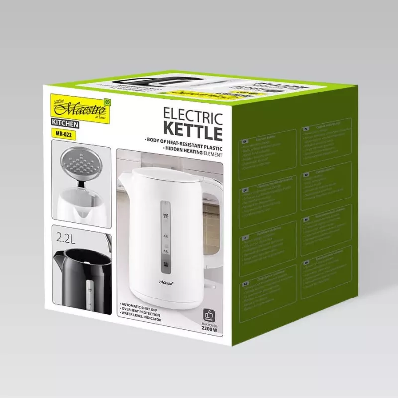 Chaleira elétrica Maestro MR-022-WHITE, 2,2 L, 1850–2200 W, caixa em plástico, base 360°, filtro anticalcário, indicador de nível de água