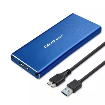 Caixa SSD QOLTEC 51832 — externa M.2 SATA, USB 3.0, até 2 TB, azul, suporta unidades de 30 mm, 4 slots