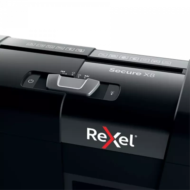 Destruidora de documentos REXEL Secure X8 — corte cruzado P-4, 4x40 mm, capacidade 8 folhas, recipiente 14 l, preto
