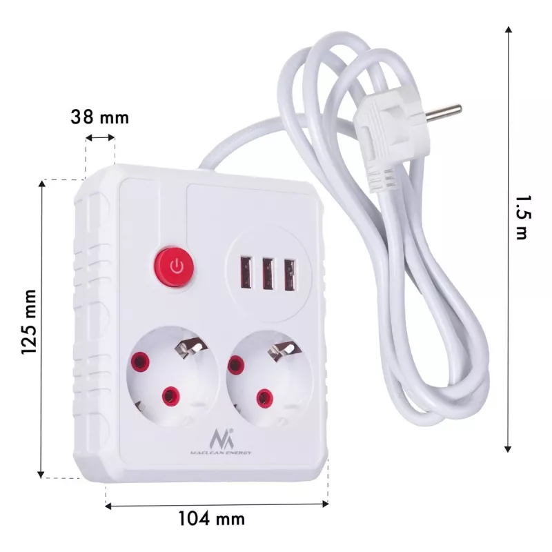 Extensão elétrica MACLEAN MCE387 W — 2 tomadas, 3×USB A, 110–240 V, 2500 W, cabo de 1,5 m, branco