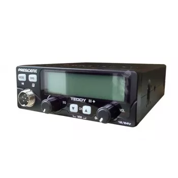 Rádio CB President Teddy II+ — 40 canais, 4 W potência de emissão, 12/24 V, filtro de interferências, 125×125×45 mm