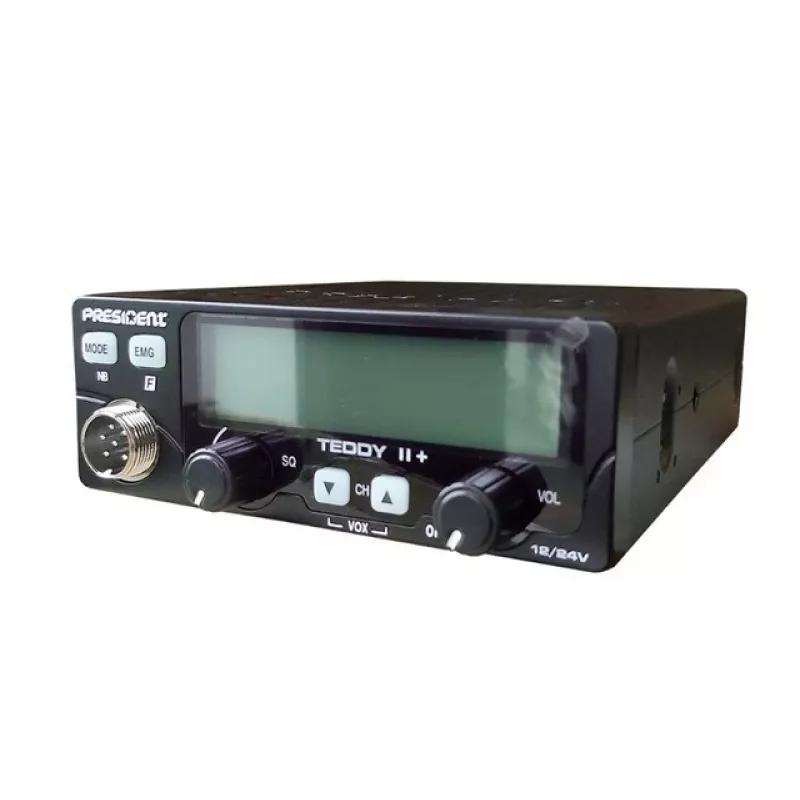 Rádio CB President Teddy II+ — 40 canais, 4 W potência de emissão, 12/24 V, filtro de interferências, 125×125×45 mm