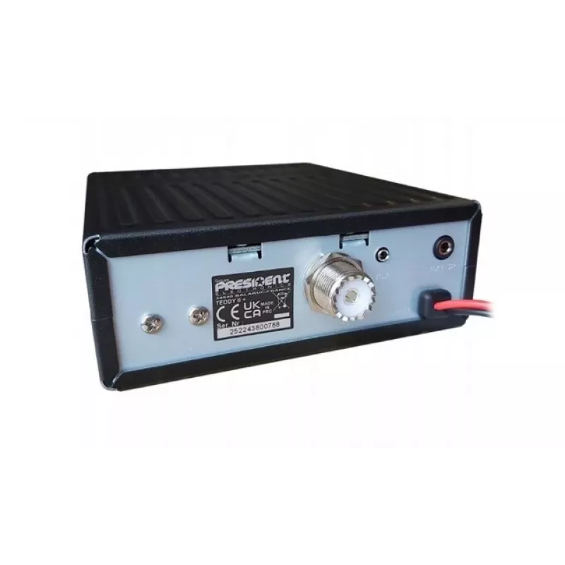 Rádio CB President Teddy II+ — 40 canais, 4 W potência de emissão, 12/24 V, filtro de interferências, 125×125×45 mm
