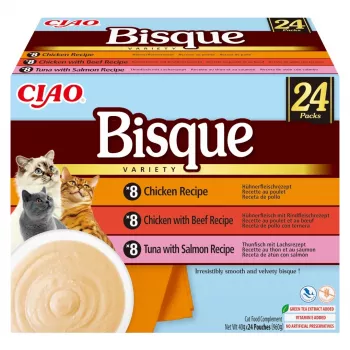 Saquetas de comida húmida para gatos INABA Ciao Bisque — sortido: frango, vaca, peixe; 24 × 40 g
