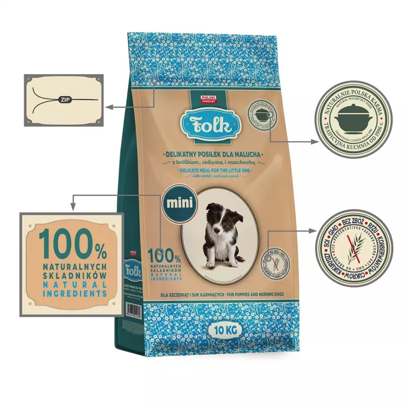FOLK Junior raças pequenas refeição suave para cachorros com coelho, vitela e cenoura - comida seca para cães - 10kg
