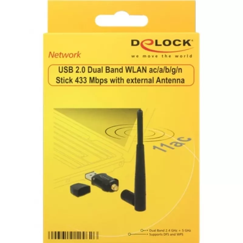 DeLock adaptador de rede USB2.0 Dual Band WLAN ac/a/b/g/n - USB2.0 - 802,11b, 802,11a, 802,11g, 802,11n, 802,11ac - preto (12462)
