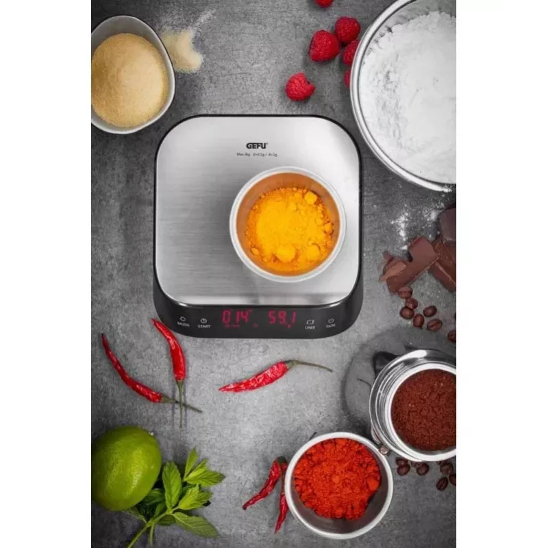 Balança de cozinha eletrónica GEFU PREZISO preta, aço inoxidável, bancada retangular