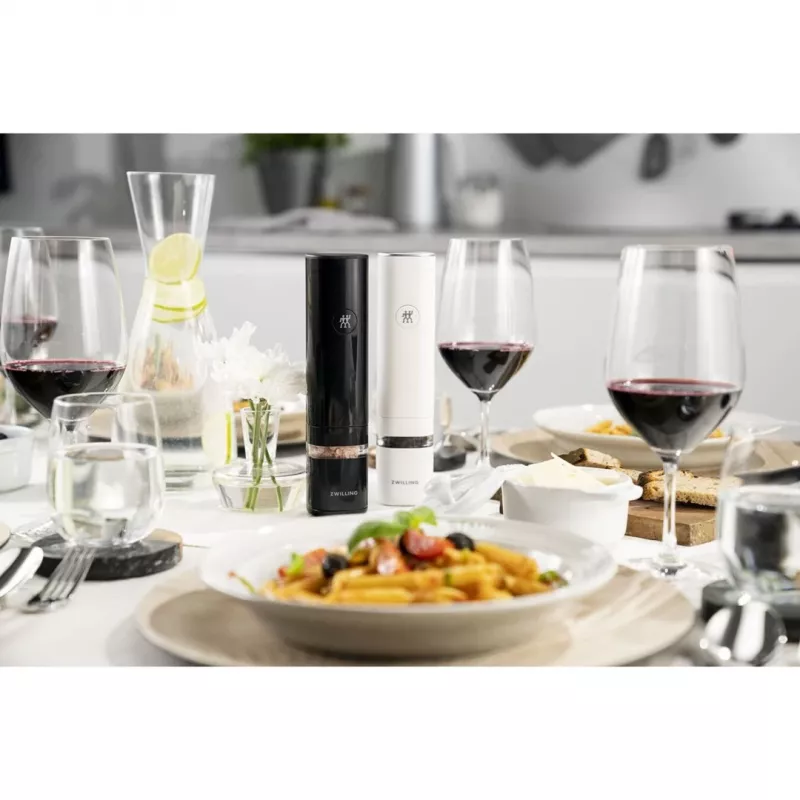 Conjunto de moinhos de sal e pimenta ZWILLING Enfinigy elétricos, mecanismos de cerâmica, branco e preto, a pilhas, moagem ajustável