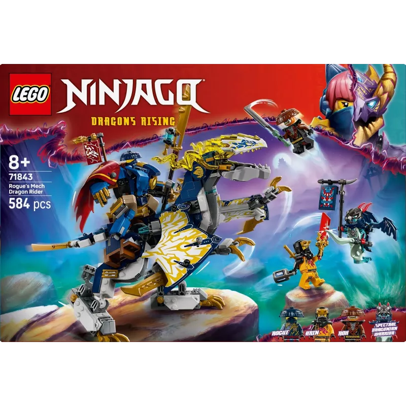 LEGO NINJAGO Conjunto 71843 Rogue’s Mech Dragon Rider — 584 peças, 4 minifiguras, 190 mm de altura do modelo