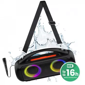 Coluna portátil MEDIA-TECH MT3184 — Bluetooth 5.3, 60W RMS, IPX5, bateria Li-Ion 16h, porta de carregamento USB-C, MicroSD, TWS, microfone, telecomando