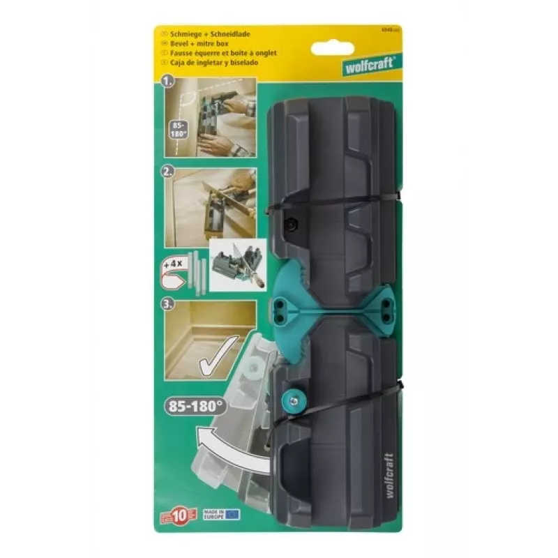 Caixa de esquadria e batente Wolfcraft 6948200 — guia de esquadria, alcance de medição 85–180°, para tábuas até 3 cm, preta