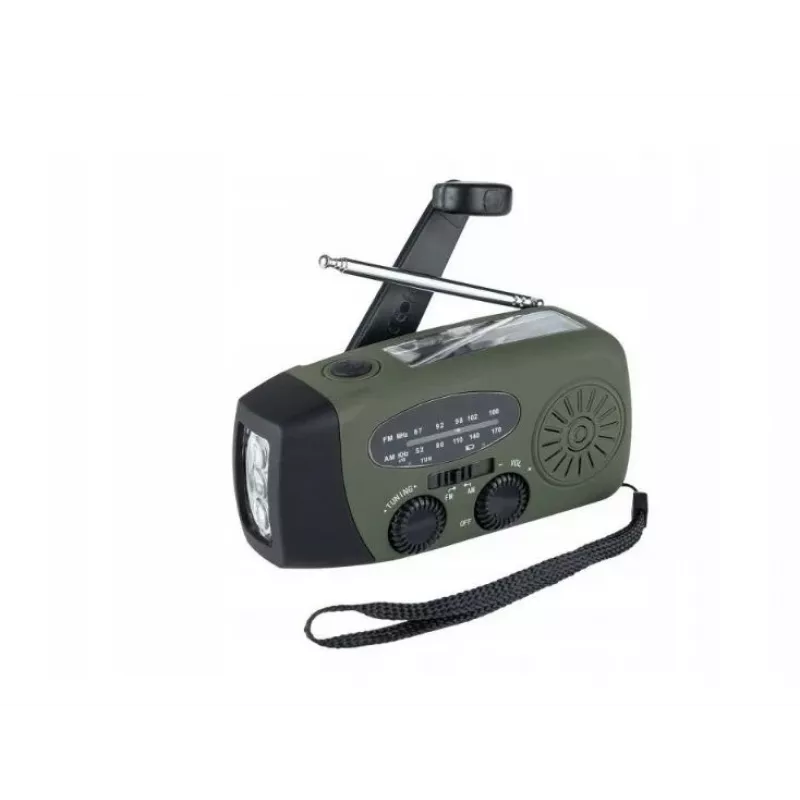 Rádio de emergência FOSCO 464600 com lanterna LED, powerbank, FM, IPX3, carregamento solar/manivela/USB-C — verde/preto