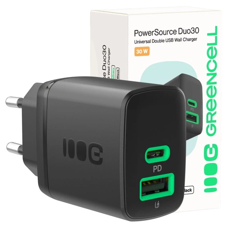 Carregador Green Cell PowerSource Duo30 – 1× USB-A, 1× USB-C, 3A