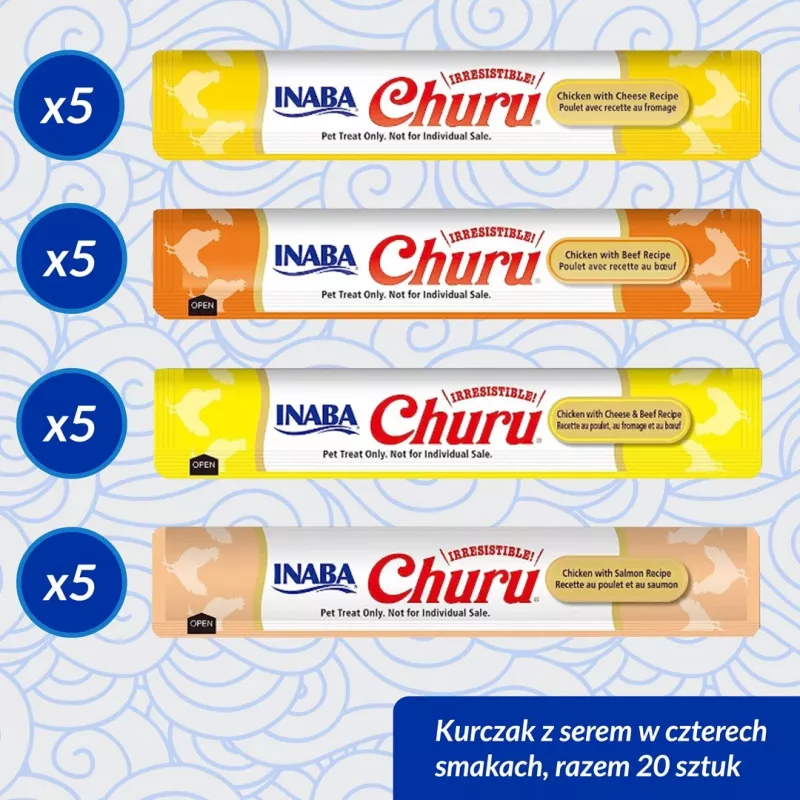Guloseimas para gatos INABA Churu caixa sortida — frango e vaca, 20 x 14 g tubos