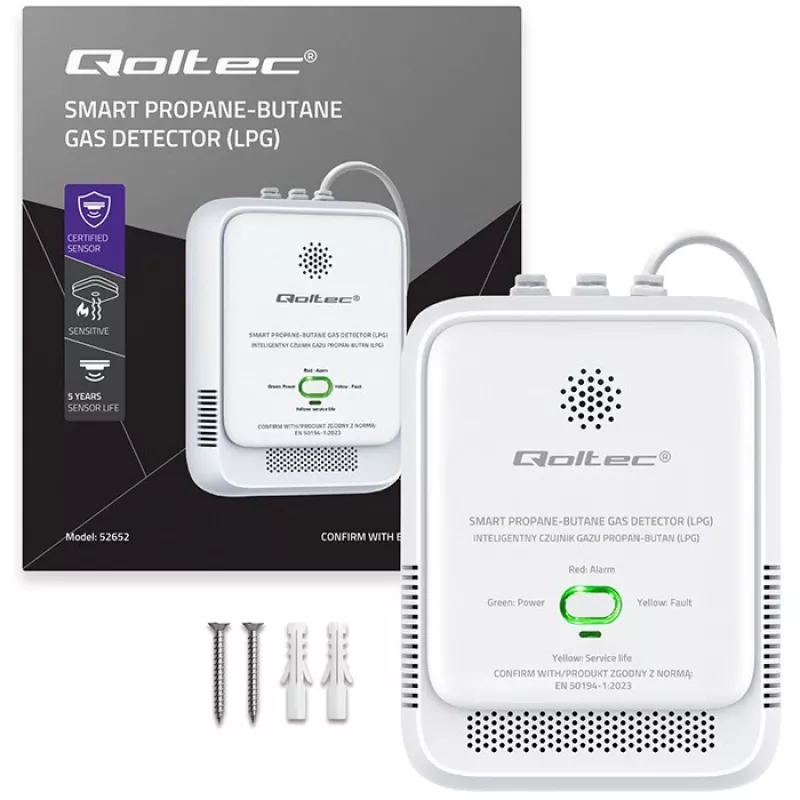 Sensor de fuga de gás QOLTEC 52652 — detetor de propano/butano (GPL), alarme 85 dB, indicador LED