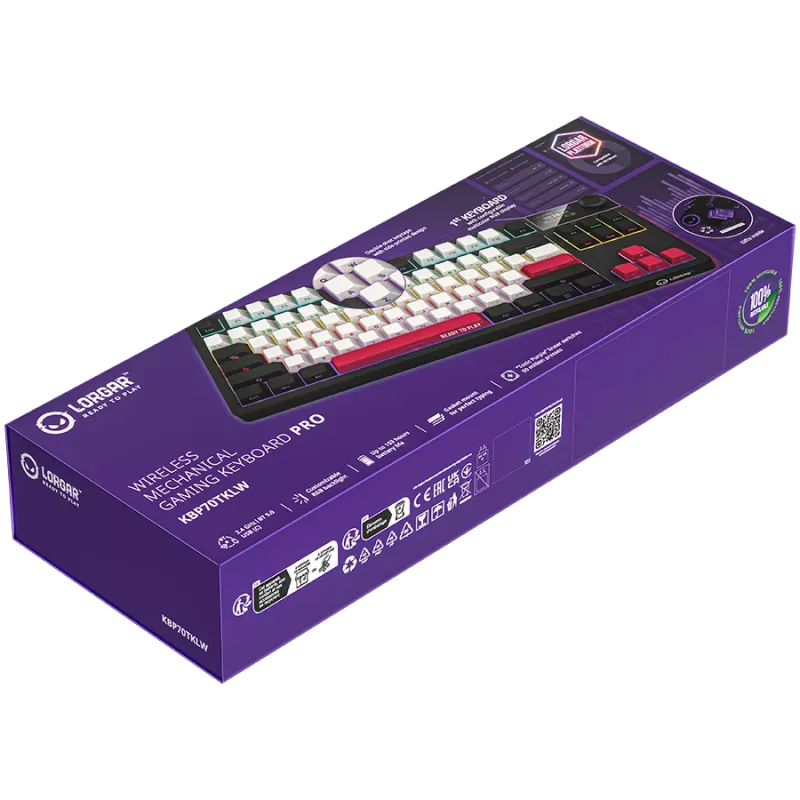 LORGAR KBP70TKLW, Teclado de gaming mecânico TKL sem fios Pro, preto/vermelho, layout EN