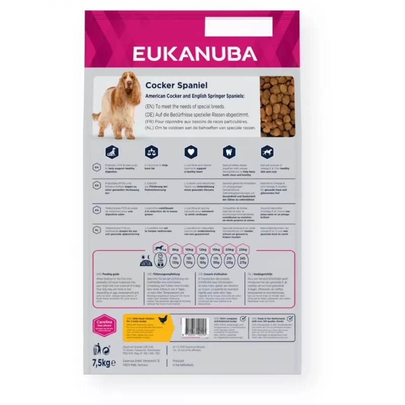 Ração seca para cães EUKANUBA Breed Specific Cocker Spaniel 7,5 kg — frango, cães adultos, pele e pelo, suporte cardíaco