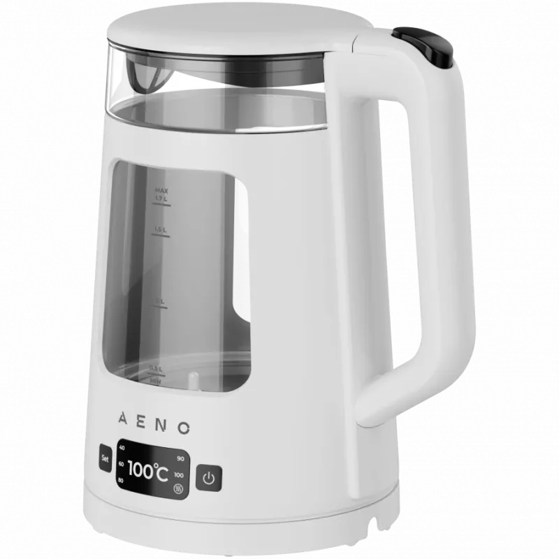 Chaleira elétrica AENO EK6: 1850-2200W, 2L, Strix, forma quadrada, tampa transparente, vidro altamente resistente, iluminação LED, desligamento automático, proteção contra funcionamento a seco