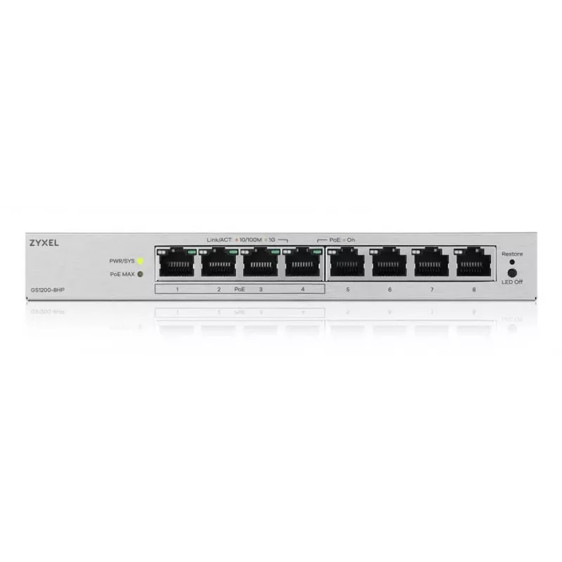 Zyxel GS1200-8HPV3 gerido L2 Gigabit Ethernet (10/100/1000) Power over Ethernet (PoE) de secretária, cinzento