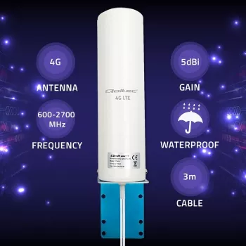 Antena 4G LTE omnidirecional exterior QOLTEC 57044, 5 dBi, 600–2700 MHz, 50 W, 50 Ω, caixa de cobre branca
