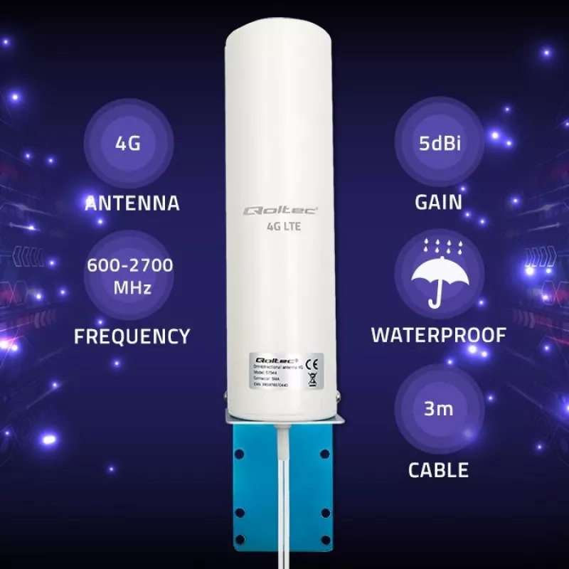 Antena 4G LTE omnidirecional exterior QOLTEC 57044, 5 dBi, 600–2700 MHz, 50 W, 50 Ω, caixa de cobre branca