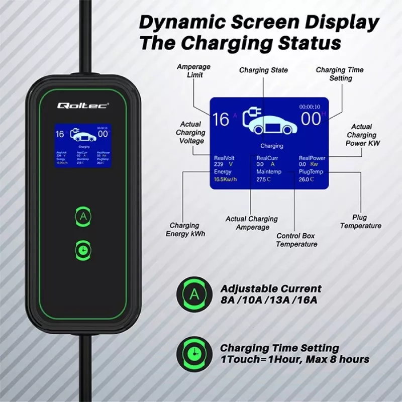 Carregador móvel para carro elétrico Qoltec ajustável 2em1 Type2 | 3,5kW | 230V | Wi-Fi | LCD | portátil | wallbox | 5m