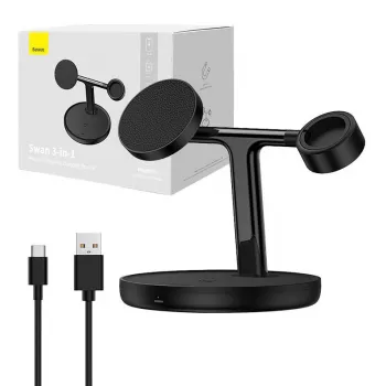 Estação de carregamento magnética sem fios 3 em 1 Baseus Swan 20W preta versão universal (inclui: USB Type-C 3A 1m)