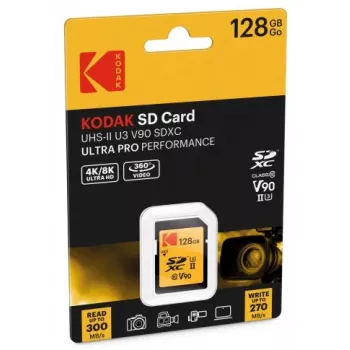 Cartão de memória Kodak EKMSD128GUHS2V2K SDXC UHS-II 128 GB, leitura 300 MB/s, escrita 270 MB/s, U3 V90, classe 10