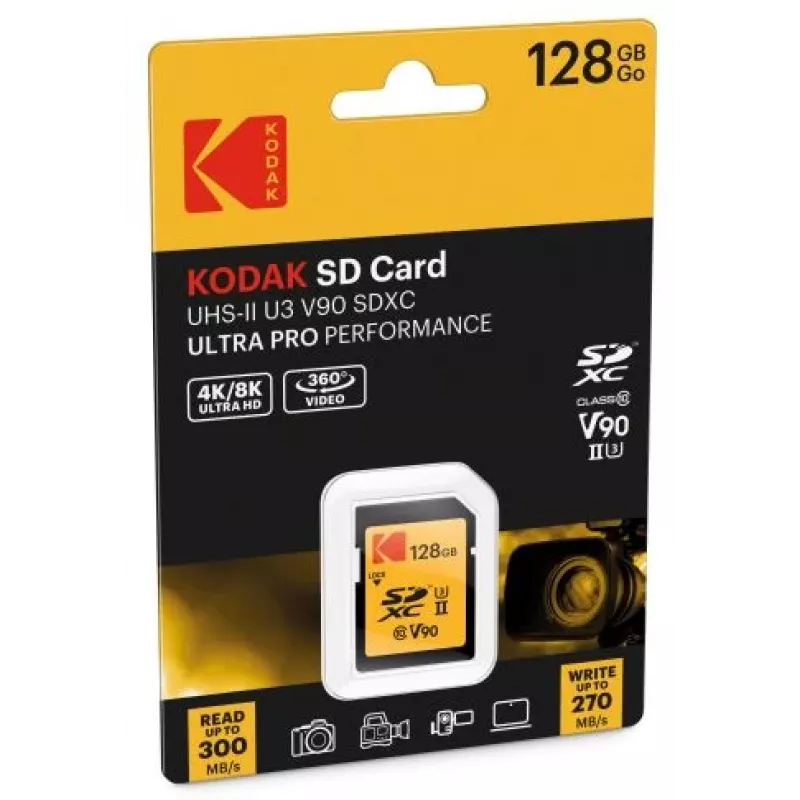 Cartão de memória Kodak EKMSD128GUHS2V2K SDXC UHS-II 128 GB, leitura 300 MB/s, escrita 270 MB/s, U3 V90, classe 10