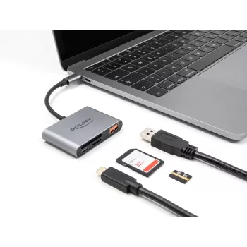 Leitor de cartões USB-C Delock 91016 para cartões SD e microSD com porta USB-A e USB-C PD