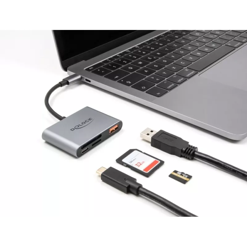 Leitor de cartões USB-C Delock 91016 para cartões SD e microSD com porta USB-A e USB-C PD