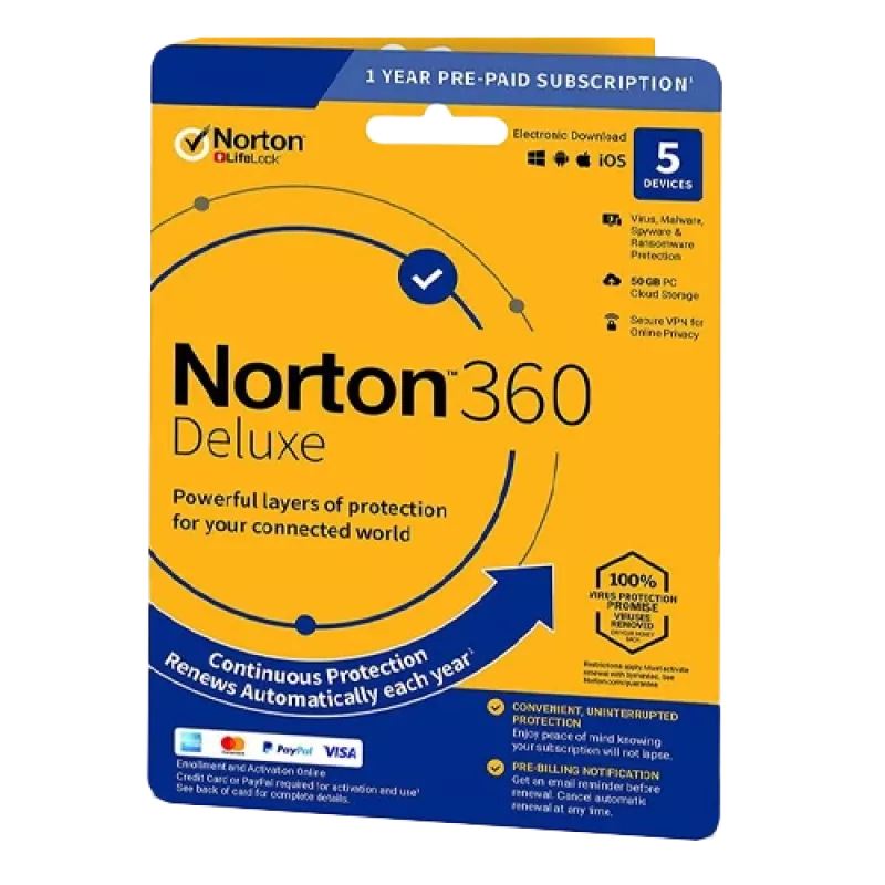 Norton 360 Deluxe | 5 dispositivos | 1 ano | 50 GB de armazenamento na nuvem | UE | SEM SUBSCRIÇÃO |