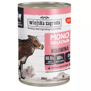 Alimento húmido para gatos wiejskazagroda vaca monoproteico 400 g — alimento completo para gatos adultos, proteína 12,1 %, gordura 7,1 %, humidade 76,9 %