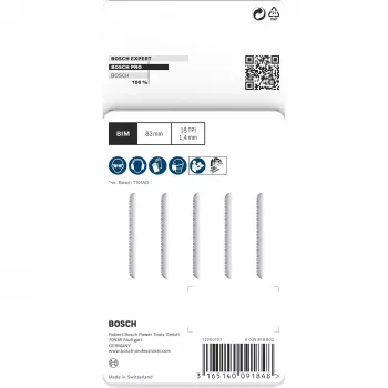 Bosch T 101 AOF Clean for Hard Wood lâminas de serra tico-tico, bimetálicas, 83 mm, 5 un.